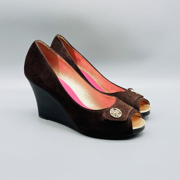 Lilly Pulitzer Shoes Womens 7 Brown Suede Wedge Peep Toe Leather Upper - Picture 2 of 12